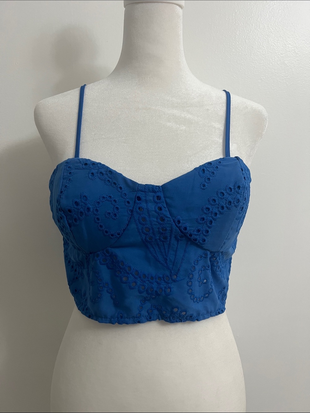 Blue Embroidered Cropped Bustier Top